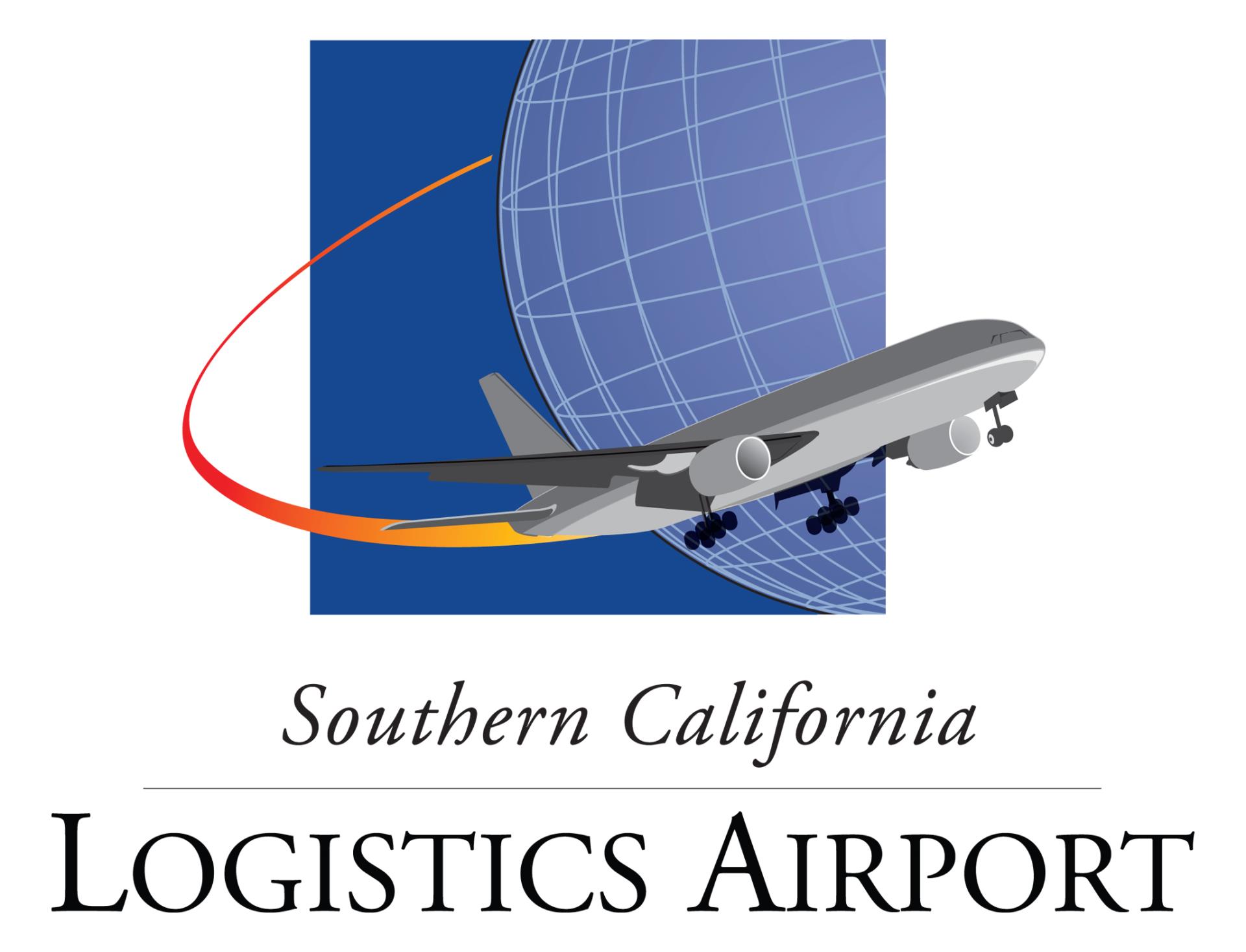 The Southern California Logistics Airport logo, an airplane shown flying around a globe.