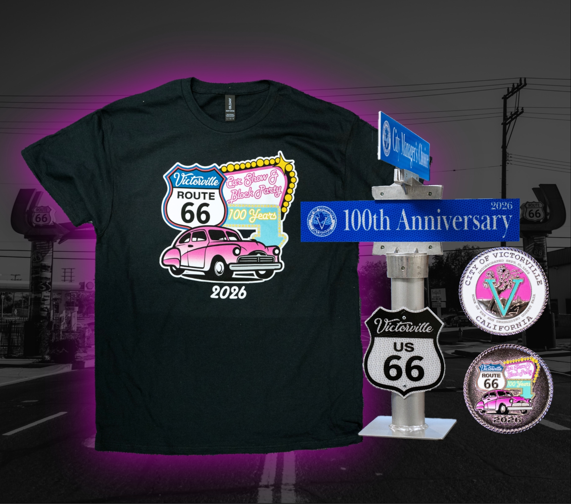 Route 66 Car Show Prizes: Custom T-Shirt, Challenge Coin and handmade Street Sign Trophy