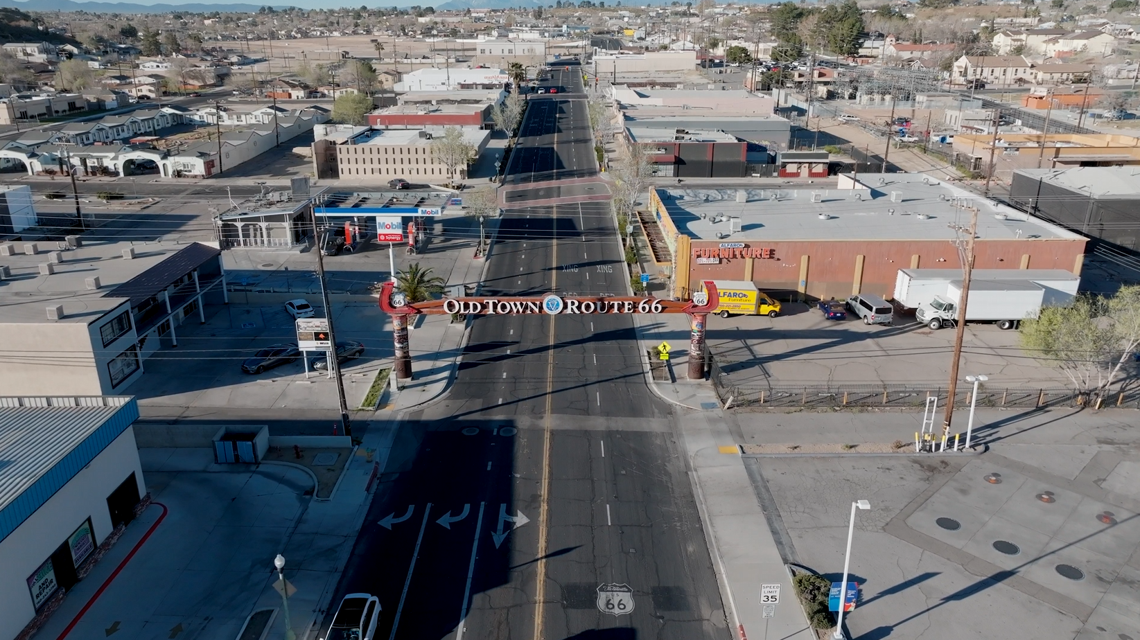 Aerial view of old town route 66 in Victorville