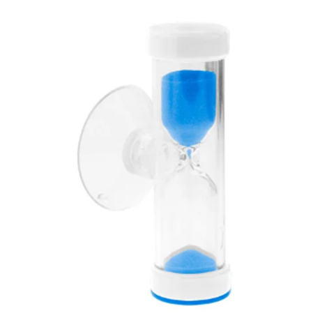 a small hourglass timer with blue sand, encased in a clear plastic cylinder with white end caps. It features a suction cup attached to the side for mounting on smooth surfaces, such as a shower wall.