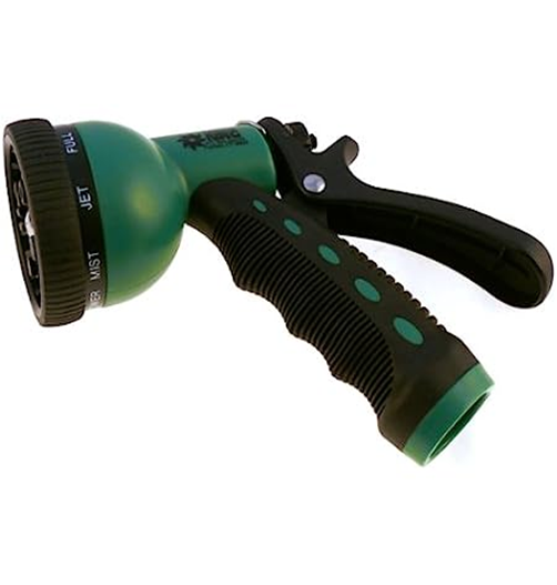 green and black handheld garden hose spray nozzle with trigger handle