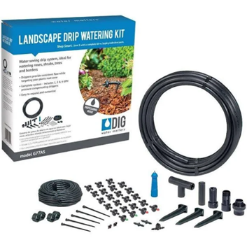 DIG Landscape Drip Watering Kit. The product packaging is shown next to the included components: a coil of black distribution tubing, several drip emitters, stakes, and various connectors like tees and elbows. The blue box features a photo of the system in use within a garden bed.