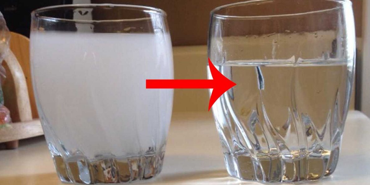 “Two side-by-side glasses of water: the left glass is cloudy or milky, while the right glass is clear, with a red arrow pointing from the cloudy water to the clear water.