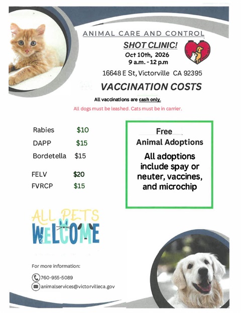 OCTOBER 10TH 2026 SHOT CLINIC AT VICTORVILLE ANIMAL SHELTER