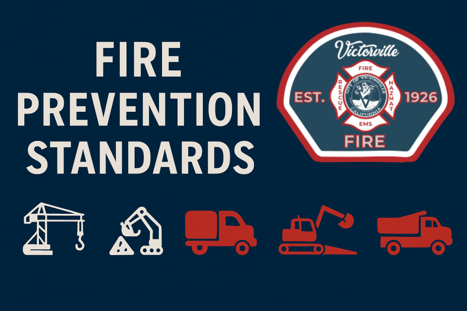 Image showing Fire Prevention Standards and icons of construction vehicles and the fire patch logo