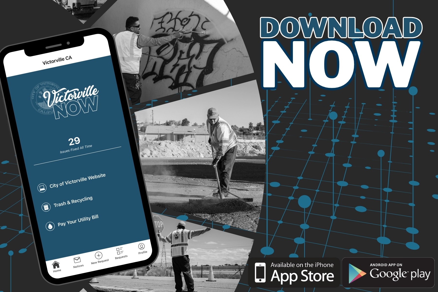Photo of Victorville Now App that says download now with images of services like pot hole fixing and graffiti removal.