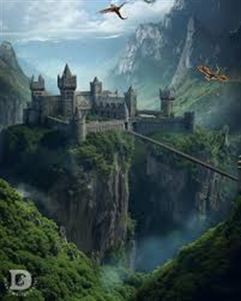A castle on a giant mountain with mountains in the background and a dragon flying above it